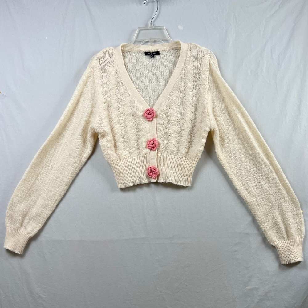 Love Tree Cropped Cardigan Sweater Women M Cream Crochet Rose Button V-Neck